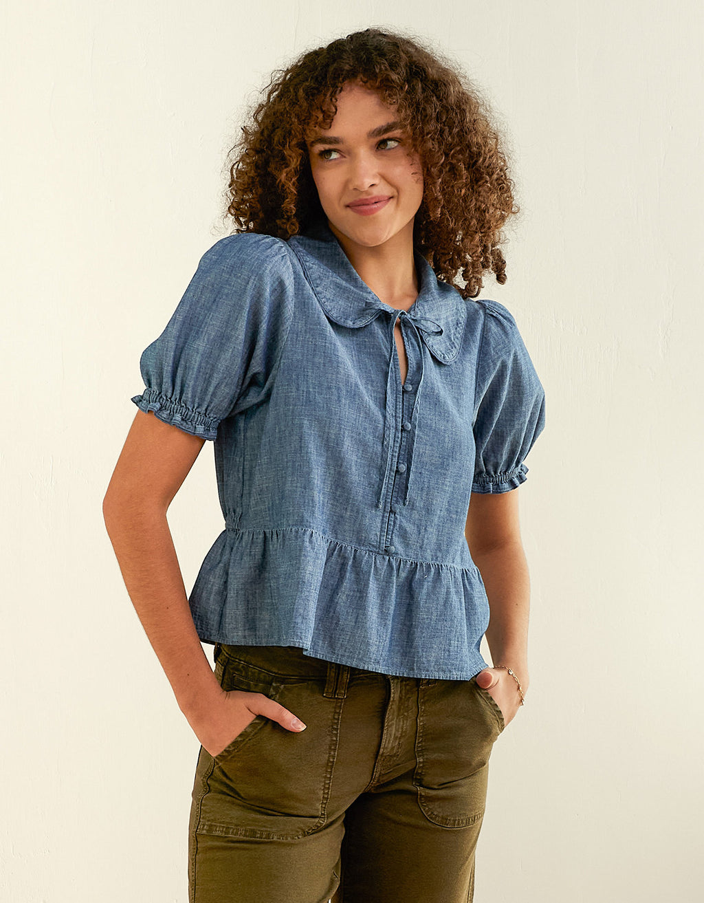 Top de manga abullonada de chambray - Azul 2351_7066_936_of