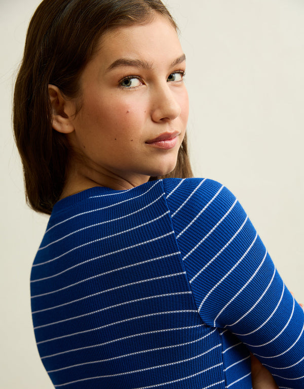 Camiseta de Manga Larga Tejido Waffle Suave y Sexy Ae - Azul