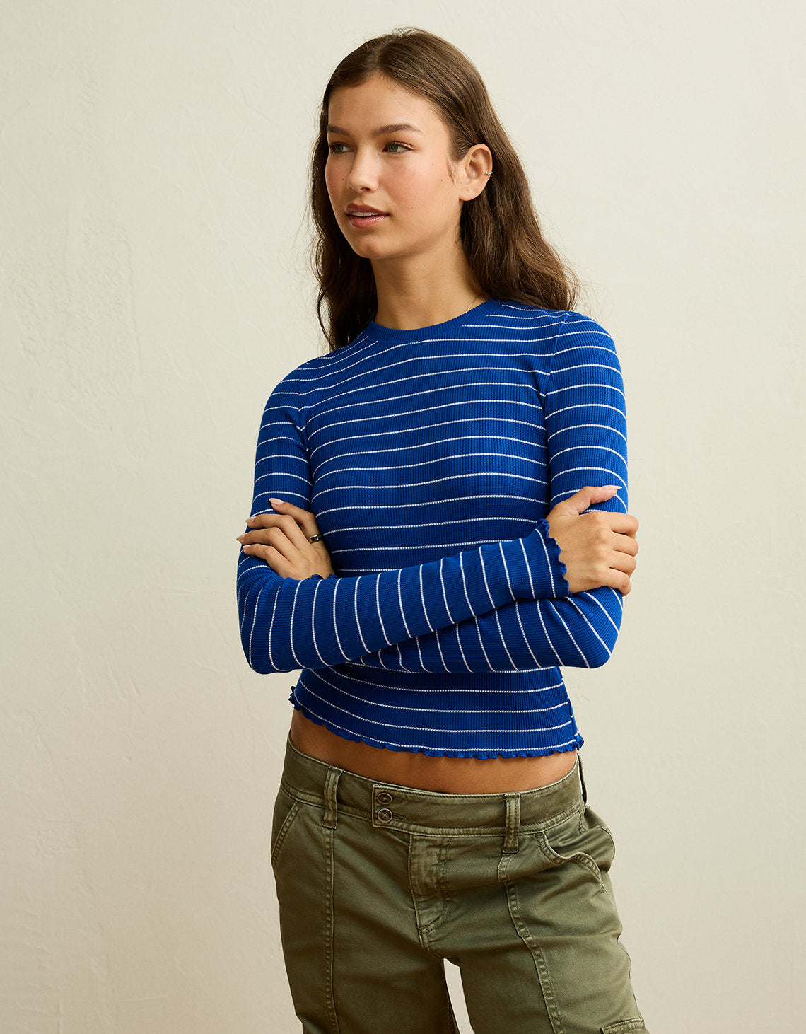 Camiseta de Manga Larga Tejido Waffle Suave y Sexy Ae - Azul 3376_1827_400_os