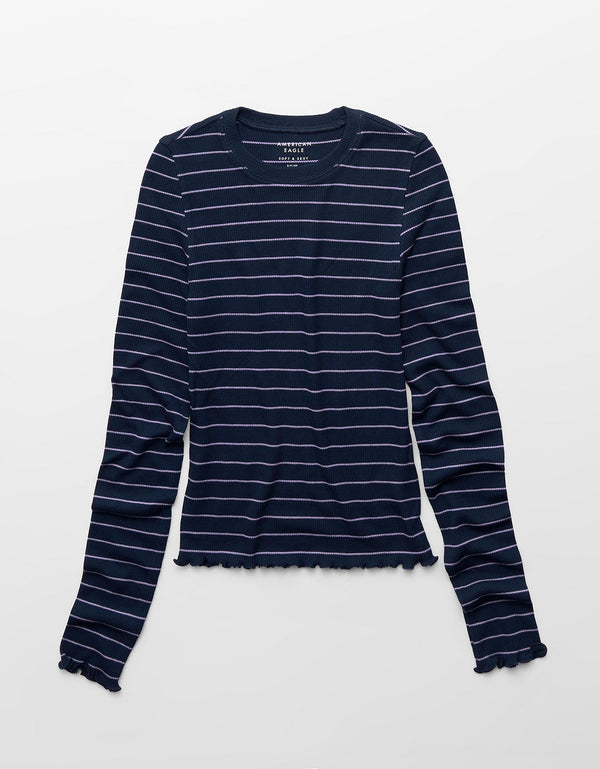 Camiseta de Manga Larga Tejido Waffle Suave y Sexy Ae - Azul