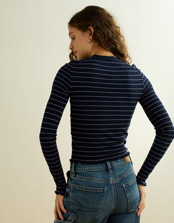 Camiseta de Manga Larga Tejido Waffle Suave y Sexy Ae - Azul