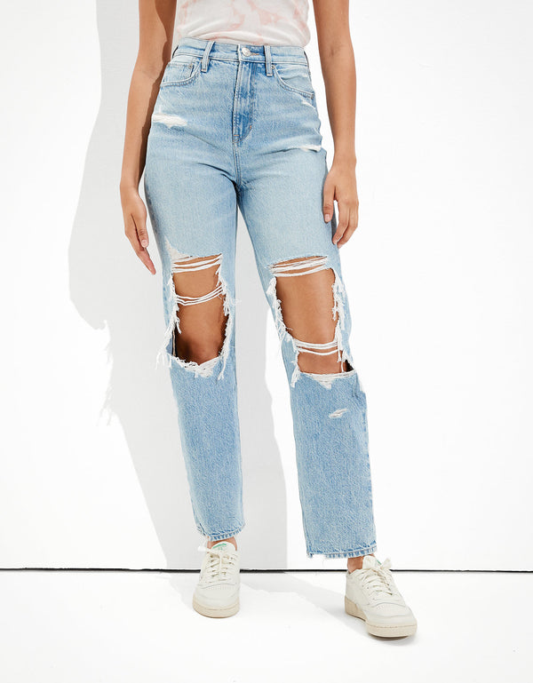 Jean Boyfriend Tiro Alto con Rotos Ae - Azul