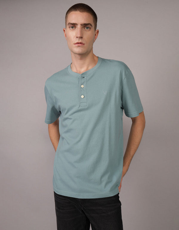 Camiseta cuello Henley manga corta Hombre AE - Azul