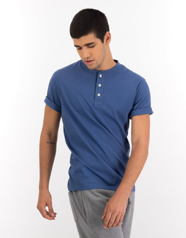 Camiseta cuello Henley manga corta Hombre AE - Azul