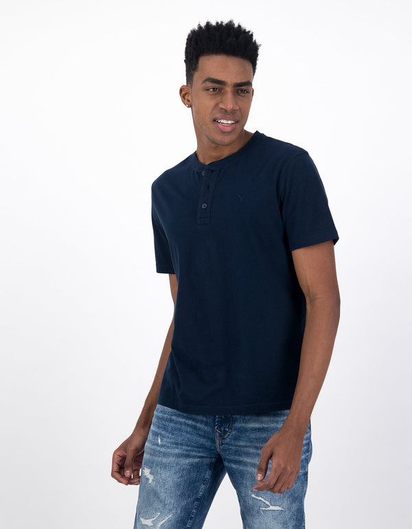 Camiseta cuello Henley manga corta Hombre AE - Azul