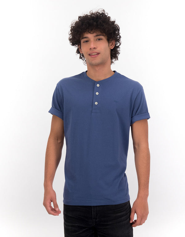 Camiseta cuello Henley manga corta Hombre AE - Azul